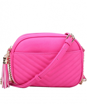 Chevron Quilted Tassel Zip Crossbody Bag WU120 FUCHSIA